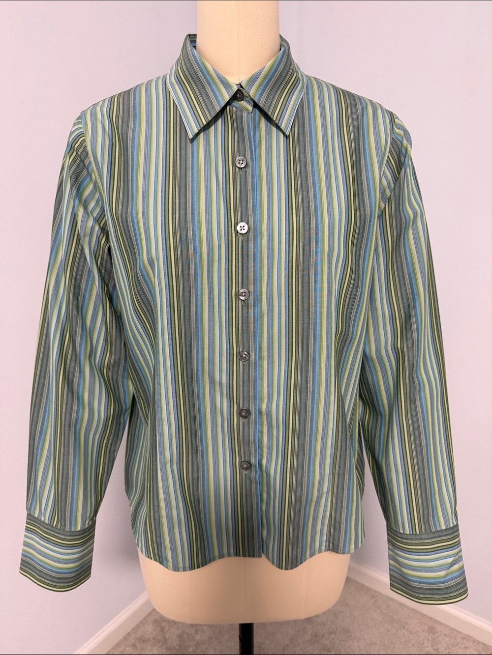 Talbots Petite Women’s Green Striped Button-Up Long Sleeve Shirt SZ10